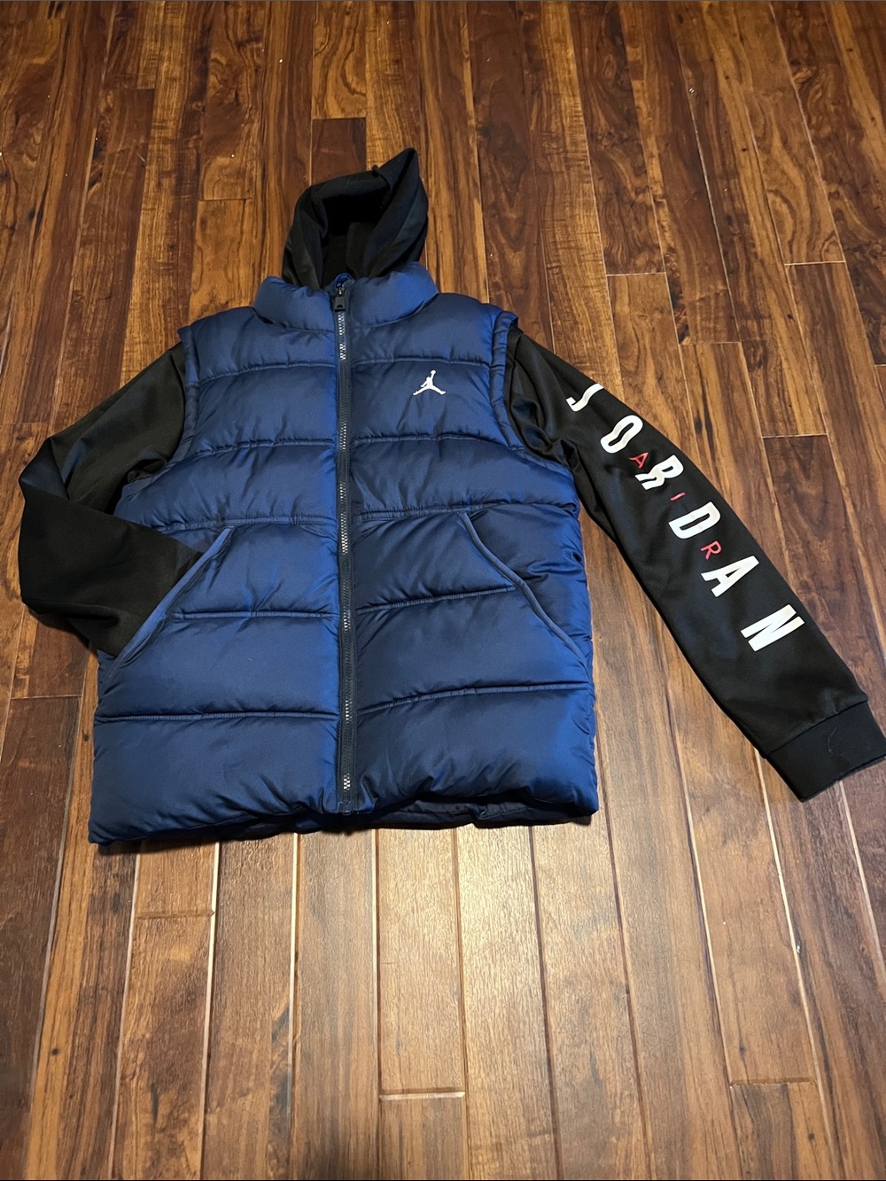Jordan Navy Quilted Puffer Vest with Black Sleeve Hoodie